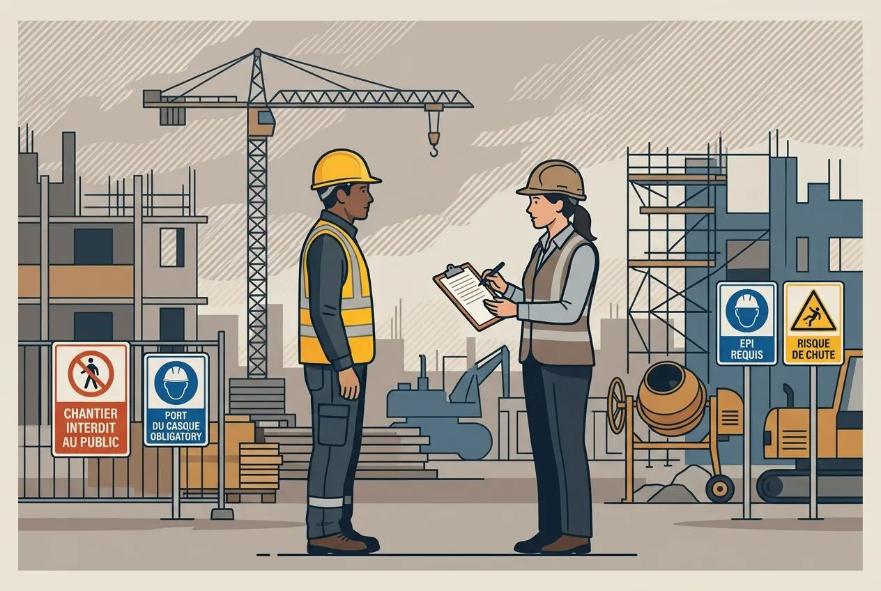 Deux travailleurs sur un chantier de construction, l’un en gilet jaune et casque, l’autre avec un carnet, discutant sous un grues et cloisons. Qu'est-ce qu'un détachement intérimaire dans ce contexte?