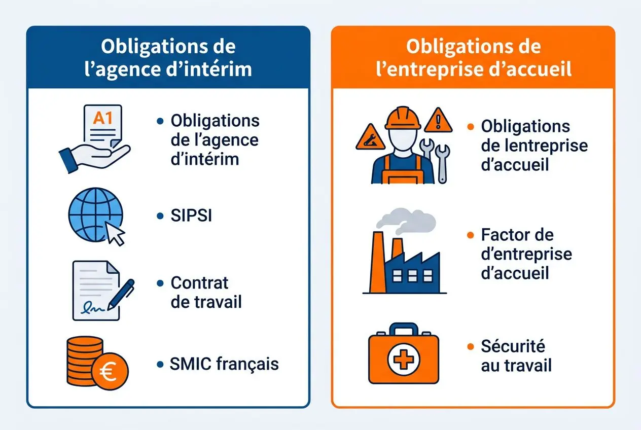 Diagramme expliquant les coûts et obligations liés à l’interim roumain: côté agence d’intérim (obligations A1, SIPS, contrat de travail, SMIC français) et côté entreprise d’accueil (obligations, facteur d’entreprise, sécurité au travail).