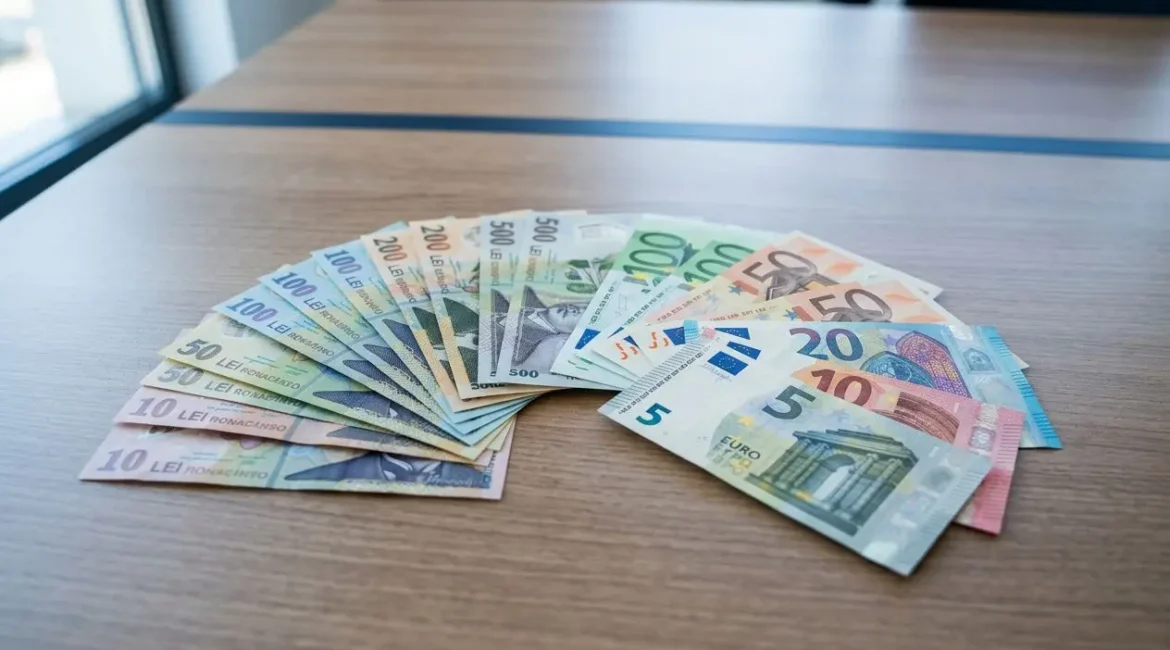 Gros plan sur des billets en euros disposés en demi-cercles sur une table, illustrant des salaires et le smic roumain.