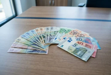 Gros plan sur des billets en euros disposés en demi-cercles sur une table, illustrant des salaires et le smic roumain.