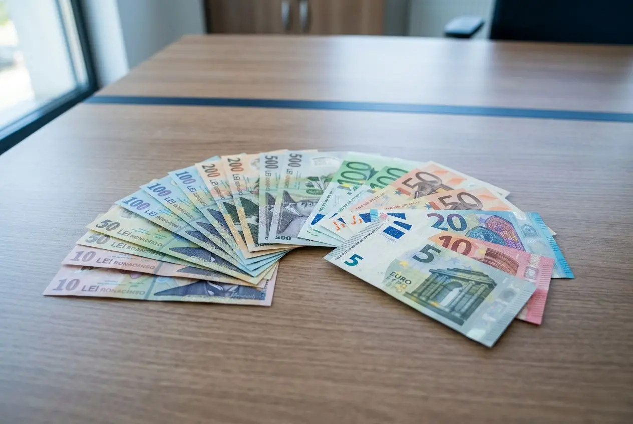 Gros plan sur des billets en euros disposés en demi-cercles sur une table, illustrant des salaires et le smic roumain.