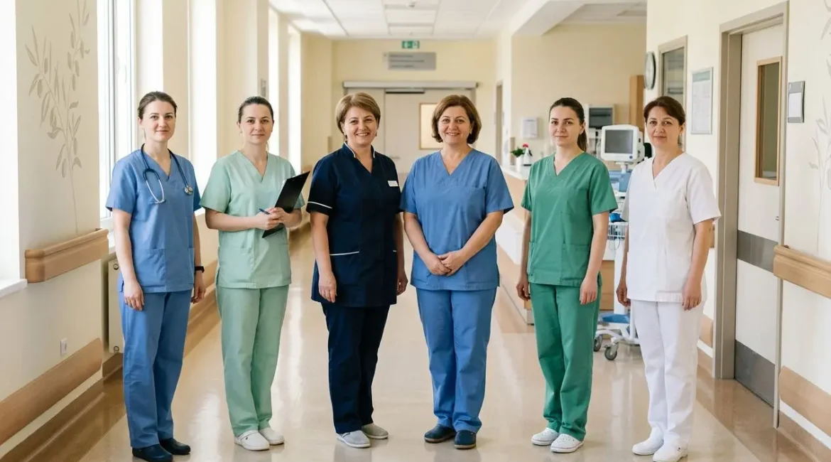 Groupe de soignants en uniformes colorés dans un couloir d’hôpital, souriants et prêts à travailler, représentant le personnel soignant roumain en intérim.