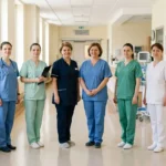 Groupe de soignants en uniformes colorés dans un couloir d’hôpital, souriants et prêts à travailler, représentant le personnel soignant roumain en intérim.
