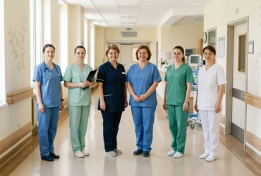 Groupe de soignants en uniformes colorés dans un couloir d’hôpital, souriants et prêts à travailler, représentant le personnel soignant roumain en intérim.