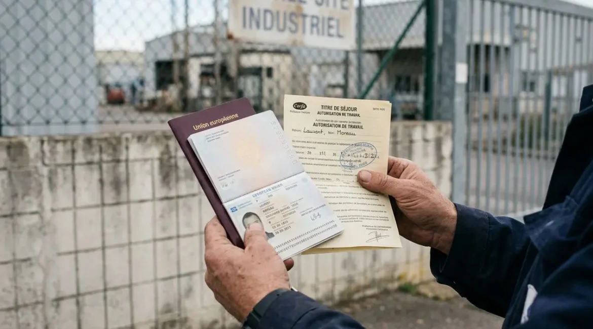 Inspecteur tenant des documents officiels (passeport, autorisation de travail) devant une entrée industrielle, illustrant le détachement intérimaire et ses formalités.