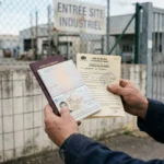 Inspecteur tenant des documents officiels (passeport, autorisation de travail) devant une entrée industrielle, illustrant le détachement intérimaire et ses formalités.