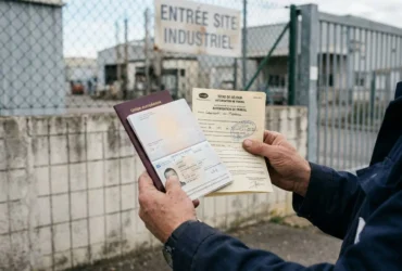 Inspecteur tenant des documents officiels (passeport, autorisation de travail) devant une entrée industrielle, illustrant le détachement intérimaire et ses formalités.