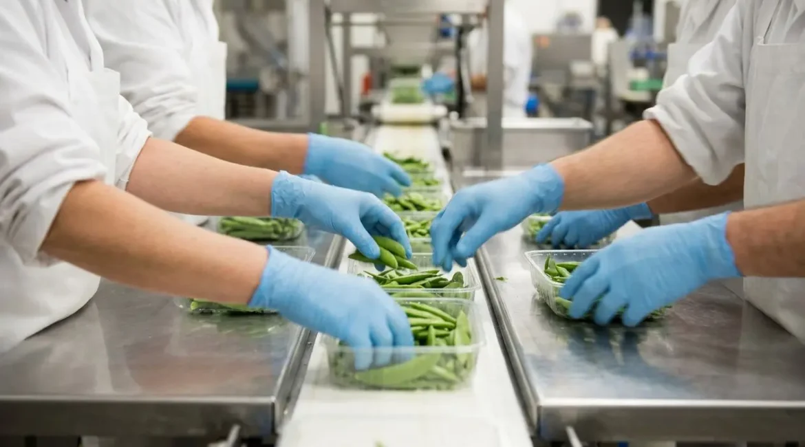 Lignes de production agroalimentaire: travailleurs en blouses et gants bleus trient des légumes frais sur une chaîne de traitement. intérim agroalimentaire roumanie