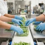 Lignes de production agroalimentaire: travailleurs en blouses et gants bleus trient des légumes frais sur une chaîne de traitement. intérim agroalimentaire roumanie