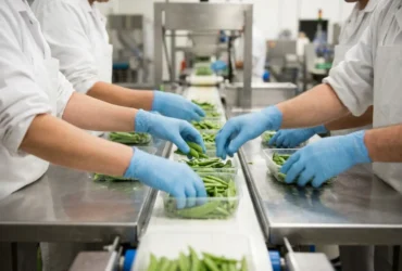 Lignes de production agroalimentaire: travailleurs en blouses et gants bleus trient des légumes frais sur une chaîne de traitement. intérim agroalimentaire roumanie