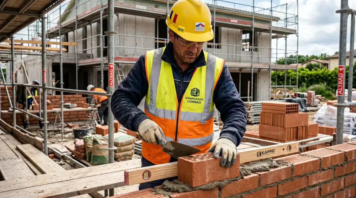 Maçon en chantier, casque jaune et gilet de sécurité, posant des briques sur un mur, chantier avec scaffolding en arrière-plan. Interim maçons roumanie france intégré.