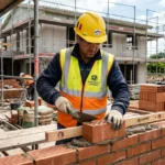 Maçon en chanti­er, casque jaune et gilet de sécurité, posant des briques sur un mur, chantier avec scaffolding en arrière-plan. Interim maçons roumanie france intégré.