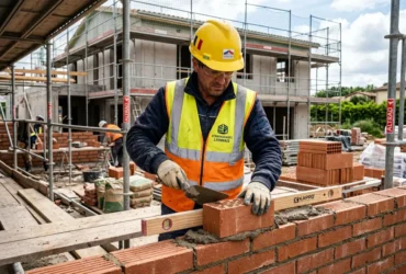Maçon en chanti­er, casque jaune et gilet de sécurité, posant des briques sur un mur, chantier avec scaffolding en arrière-plan. Interim maçons roumanie france intégré.