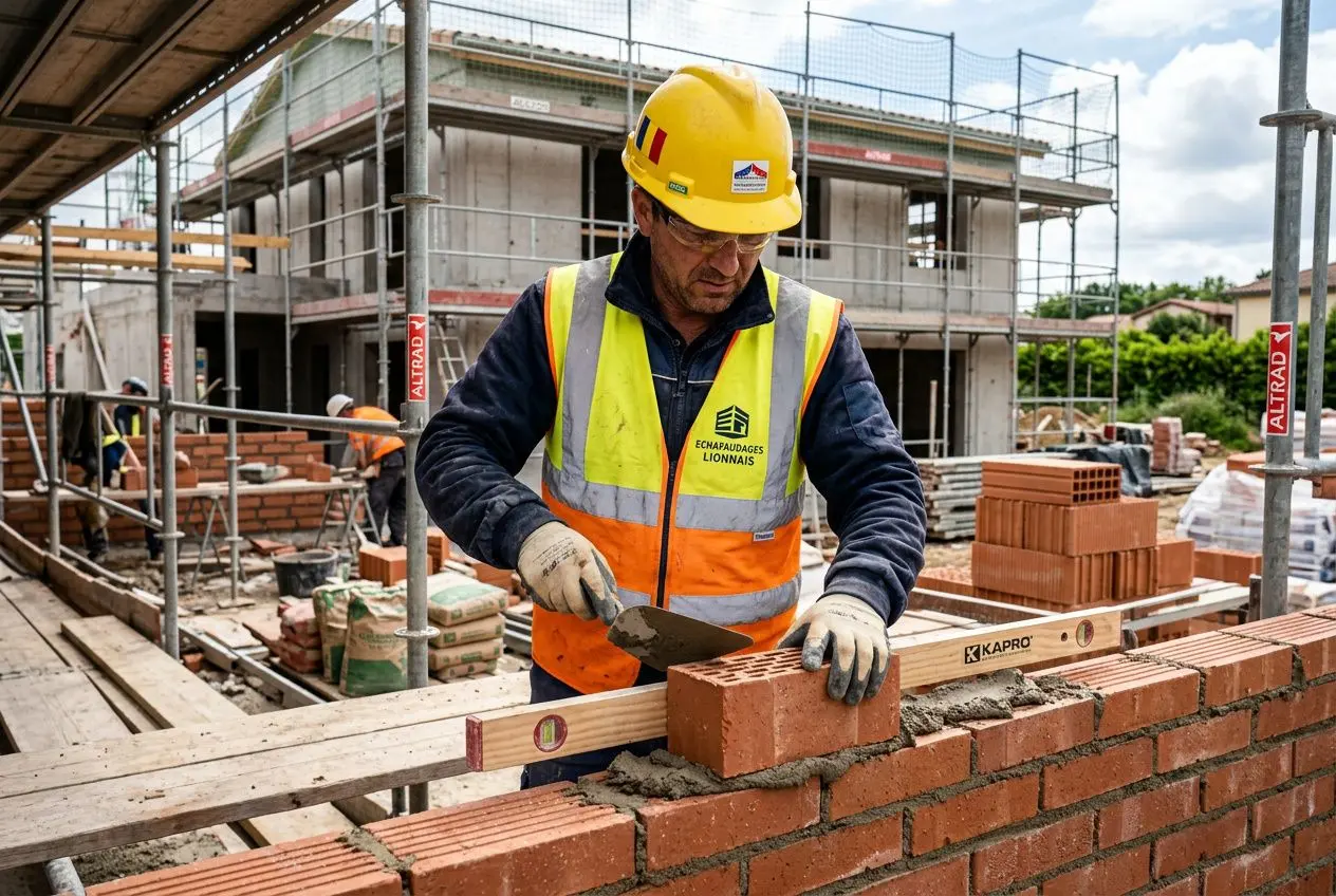 Maçon en chantier, casque jaune et gilet de sécurité, posant des briques sur un mur, chantier avec scaffolding en arrière-plan. Interim maçons roumanie france intégré.