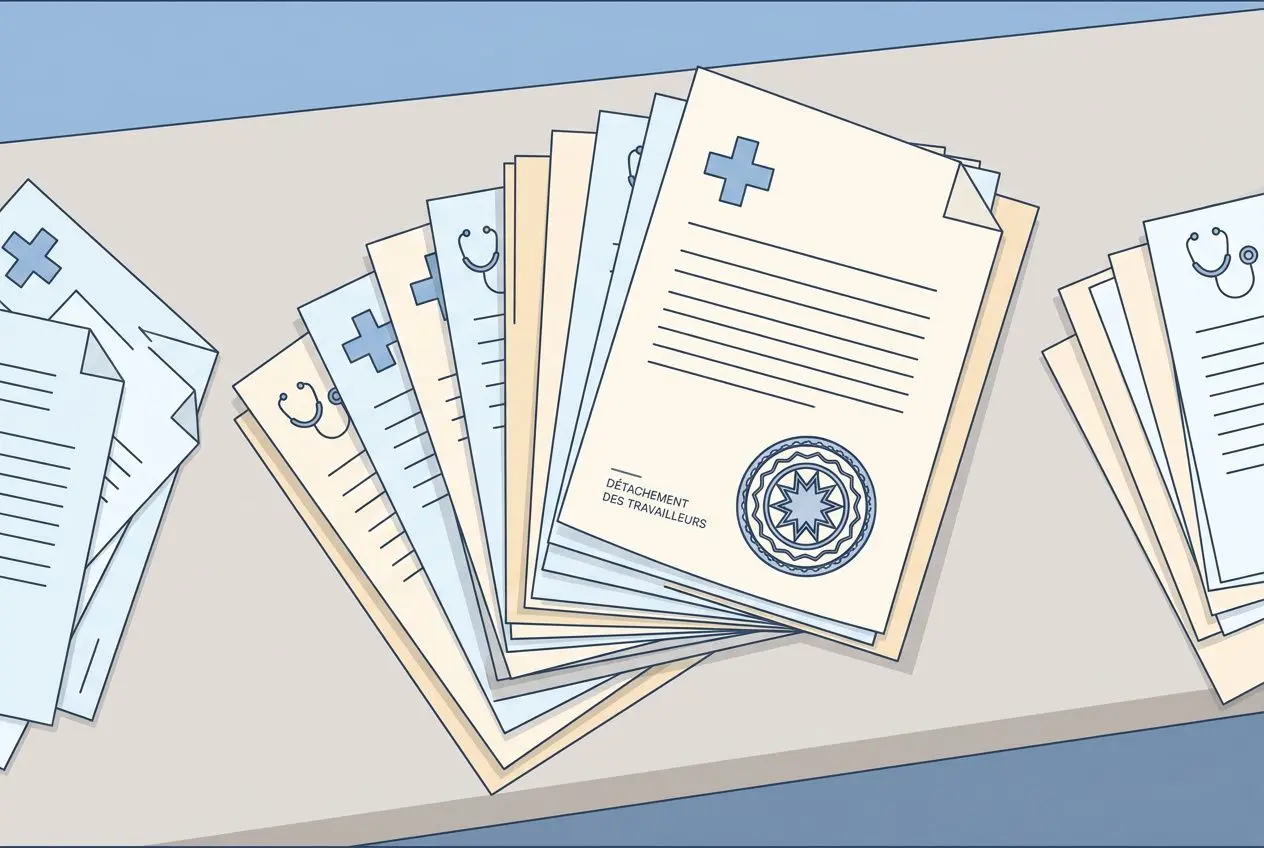 Piles de dossiers médicaux et documents administratifs liés au détachement du personnel soignant roumain en intérim.