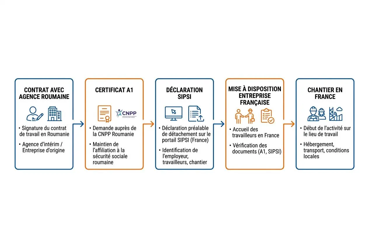 Processus d’intérim pour maçons roumains vers la France, detailing contrat, certificat, déclaration SIPSI et mise à disposition en entreprise française.