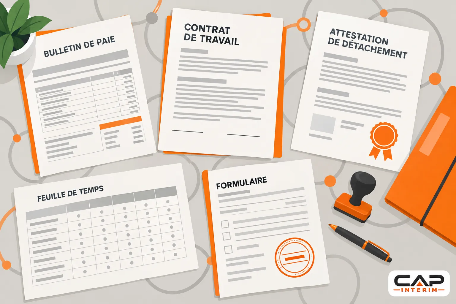 Des documents administratifs et de travail épars sur un bureau, dont un contrat de travail et des formulaires avec tampons