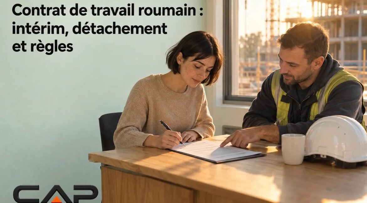 Une femme et un homme signent un document posé sur une table dans un bureau, avec un casque de sécurité posé à côté.
