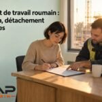 Une femme et un homme signent un document posé sur une table dans un bureau, avec un casque de sécurité posé à côté.
