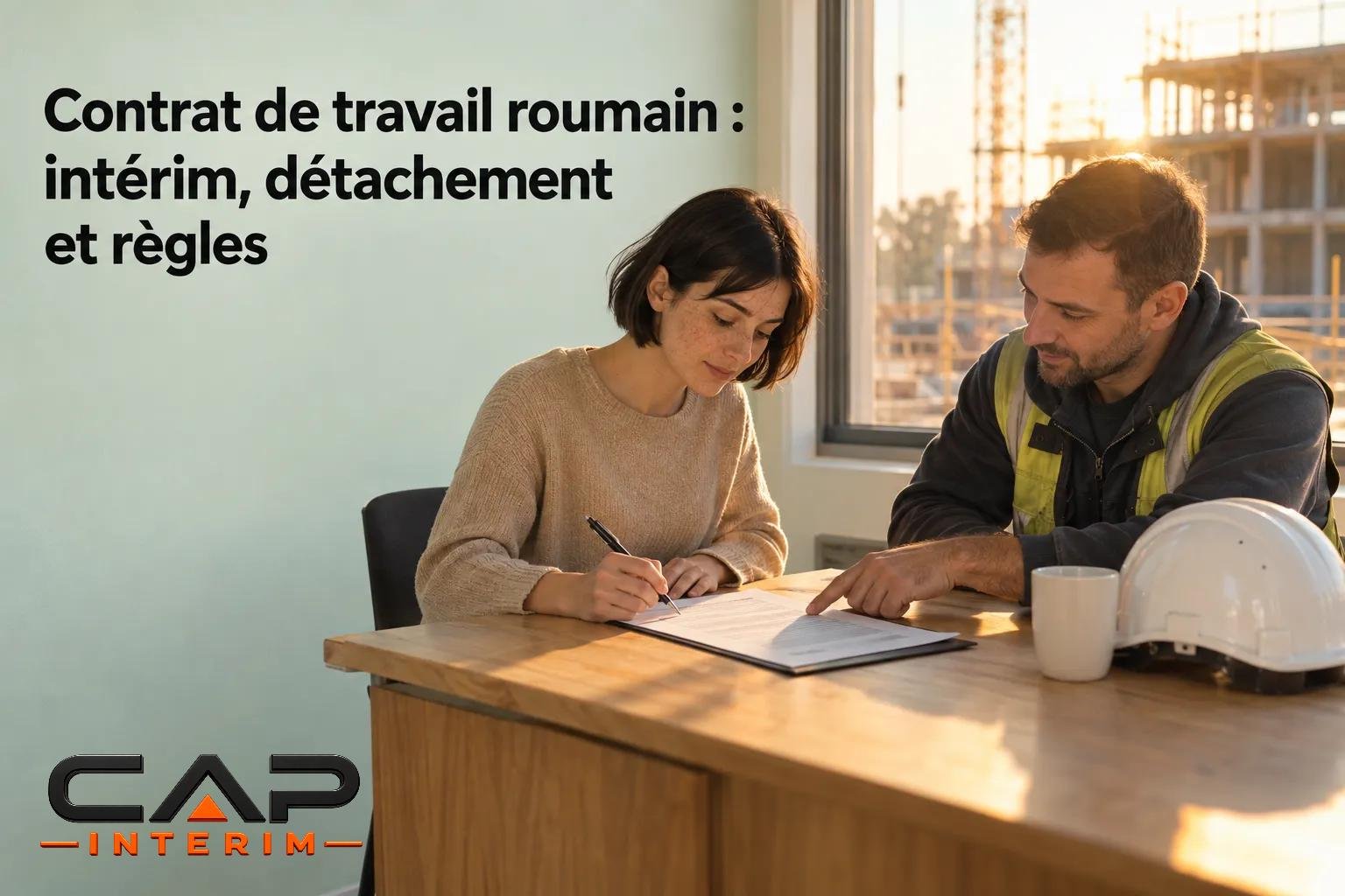 Une femme et un homme signent un document posé sur une table dans un bureau, avec un casque de sécurité posé à côté.