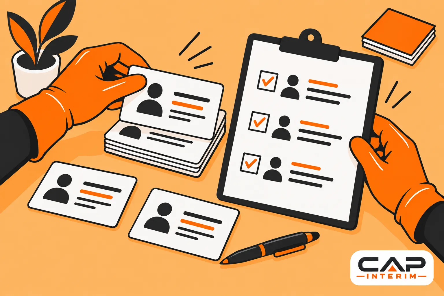 Des mains portent un dossier et des cartes de candidat devant un clipboard avec des cases cochées sur fond orange.