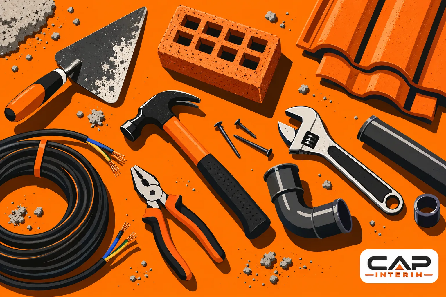 Outils et matériaux de chantier disposés sur un sol orange, avec une brique, des câbles, des gants, une scie, un marteau et
