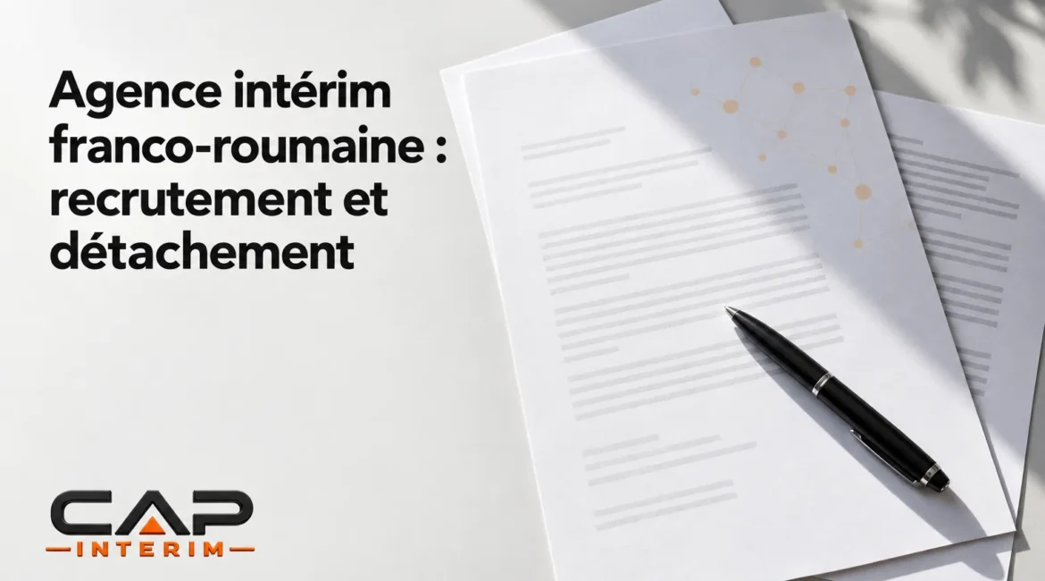 Page de présentation montrant des documents avec stylo, related to agence intérim franco-roumaine et détachement.