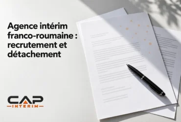 Page de présentation montrant des documents avec stylo, related to agence intérim franco-roumaine et détachement.
