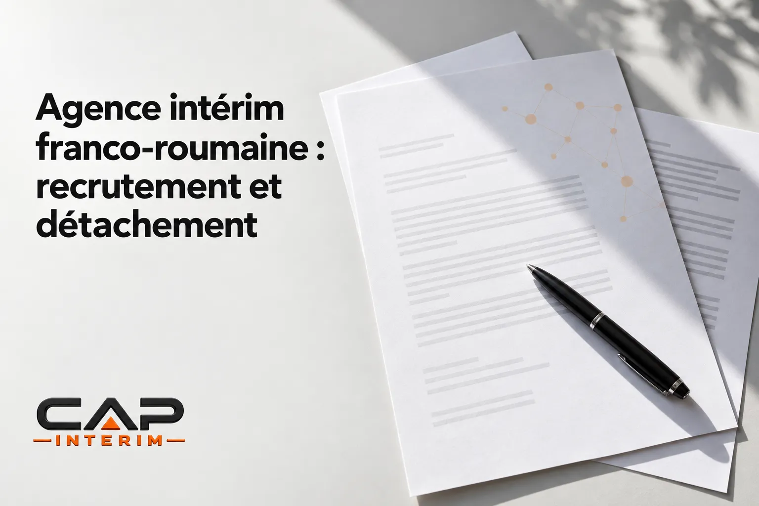 Page de présentation montrant des documents avec stylo, related to agence intérim franco-roumaine et détachement.