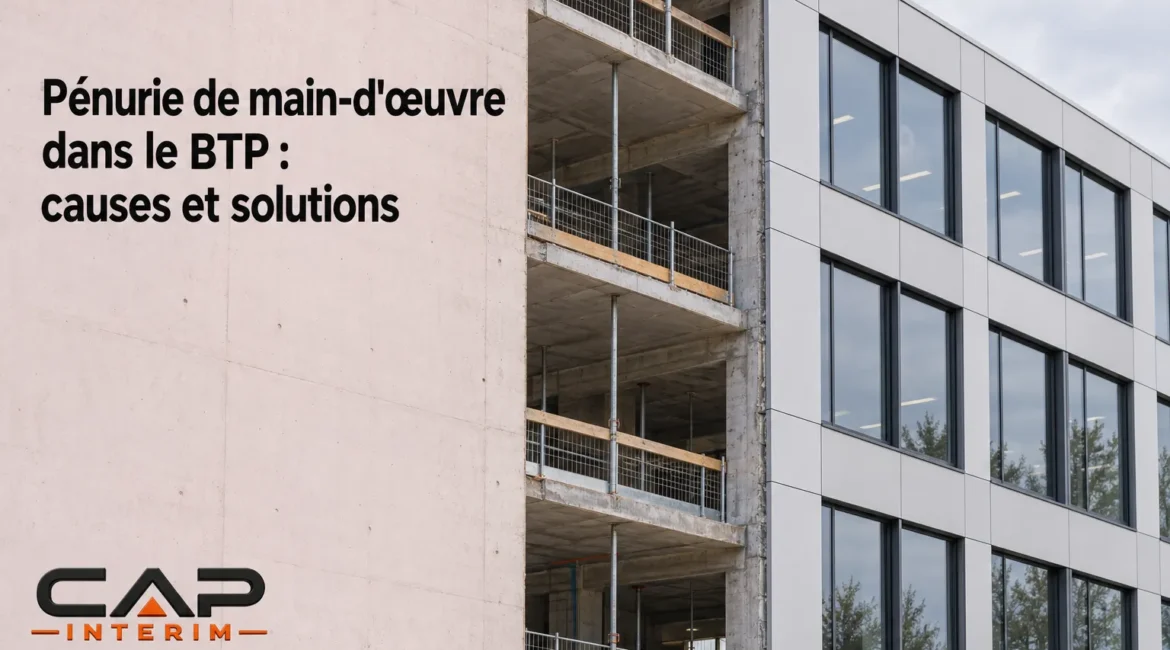 Panneau sur un bâtiment en construction montrant le titre Pénurie de main-d'œuvre dans le BTP : causes et solutions.