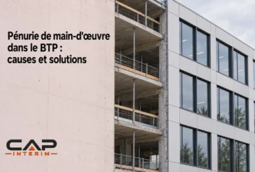 Panneau sur un bâtiment en construction montrant le titre Pénurie de main-d'œuvre dans le BTP : causes et solutions.