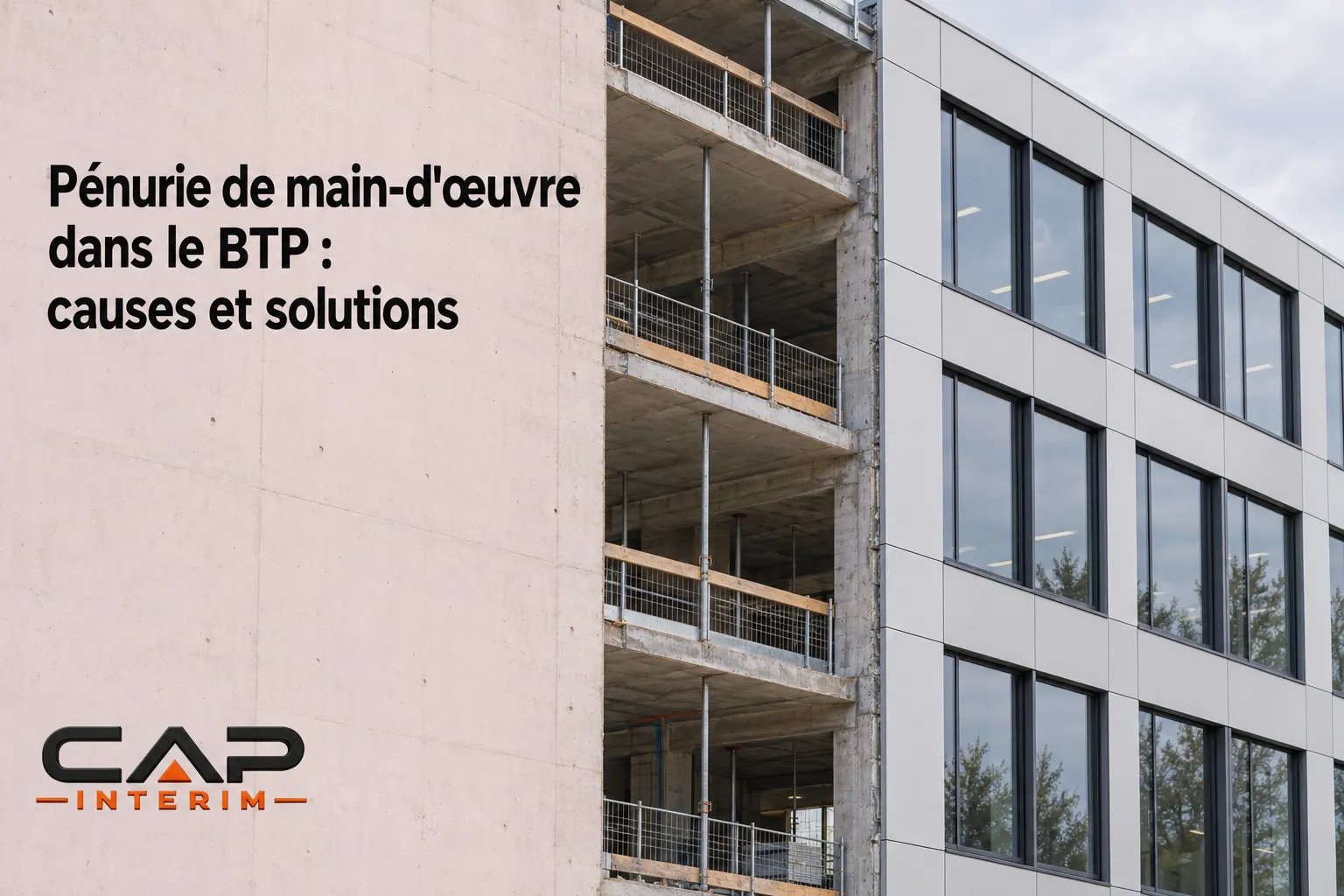 Panneau sur un bâtiment en construction montrant le titre Pénurie de main-d'œuvre dans le BTP : causes et solutions.