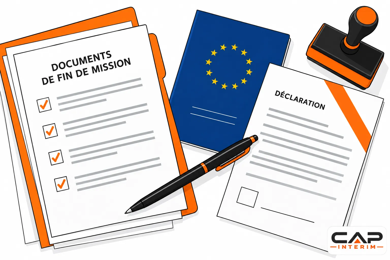 Papiers et documents administratifs sur fond bleu avec présence d’un tampon et d’un stylo.
