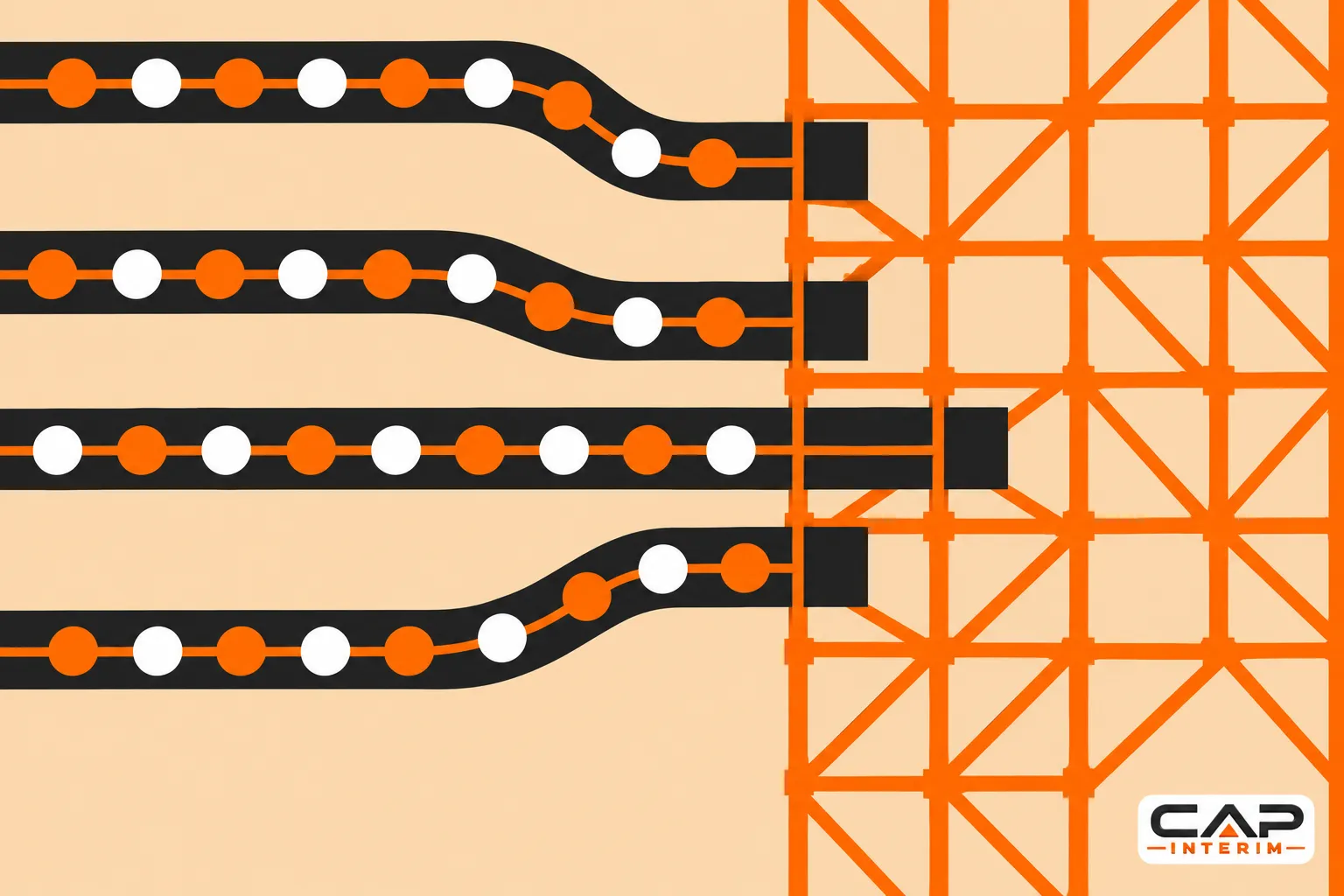 Quatre lignes courbes avec des points orange et blancs qui avancent vers une structure d’échafaudage orange.
