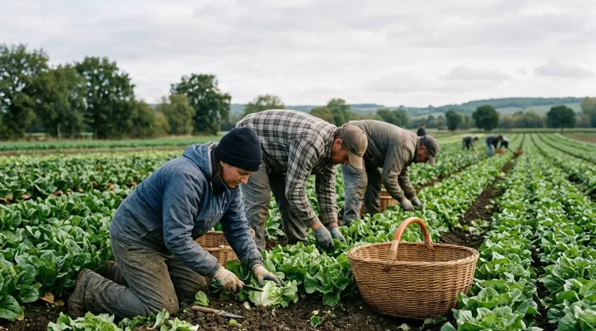 Trois ouvriers agricoles récoltent des légumes dans un champ, avec paniers en osier, en pleine campagne. main d'œuvre agriculture et travail saisonnier.