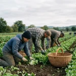 Trois ouvriers agricoles récoltent des légumes dans un champ, avec paniers en osier, en pleine campagne. main d'œuvre agriculture et travail saisonnier.