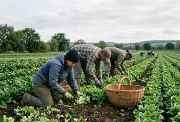 Trois ouvriers agricoles récoltent des légumes dans un champ, avec paniers en osier, en pleine campagne. main d'œuvre agriculture et travail saisonnier.