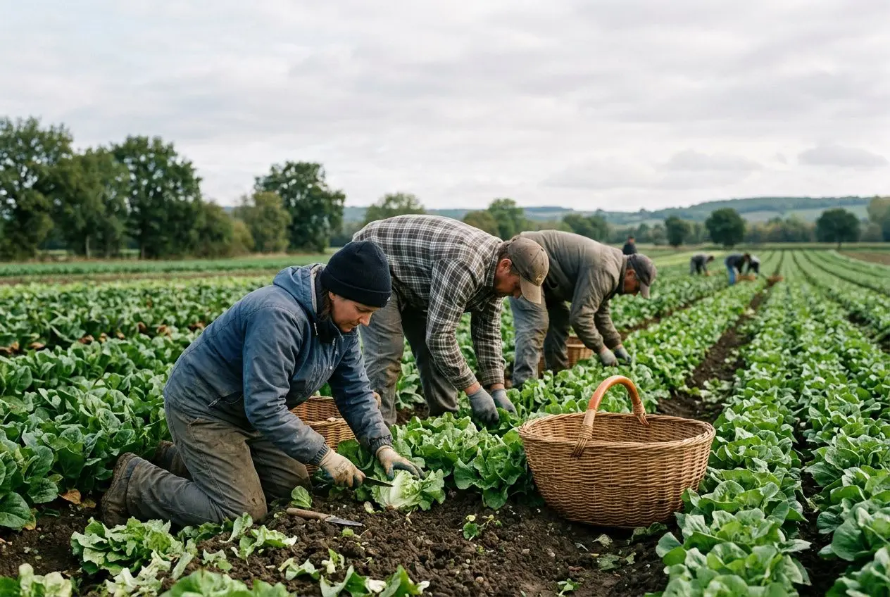 Trois ouvriers agricoles récoltent des légumes dans un champ, avec paniers en osier, en pleine campagne. main d'œuvre agriculture et travail saisonnier.