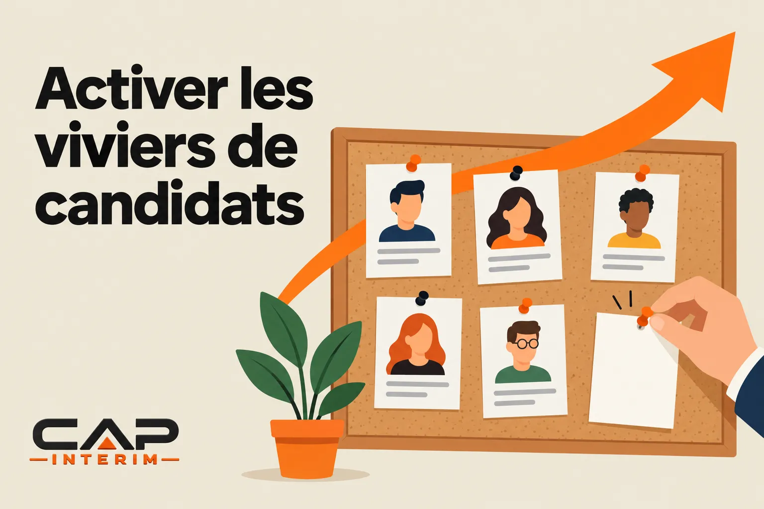 Activer les viviers de candidats avec un tableau d’affichage contenant des fiches de profils et une flèche montante, logo CAP INTERIM.