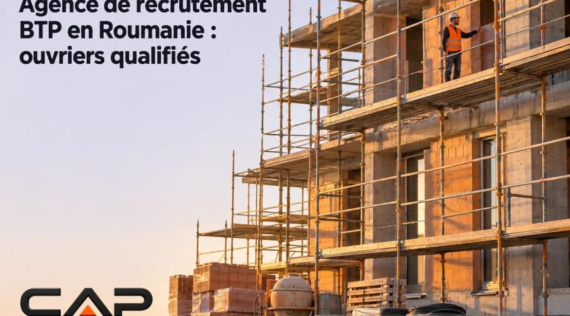 Agence de recrutement BTP en Roumanie : ouvriers qualifiés, silhouette de chantier et échafaudages en façade, ouvriers sur le mur. construction recruitment agency romania.