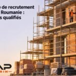 Agence de recrutement BTP en Roumanie : ouvriers qualifiés, silhouette de chantier et échafaudages en façade, ouvriers sur le mur. construction recruitment agency romania.