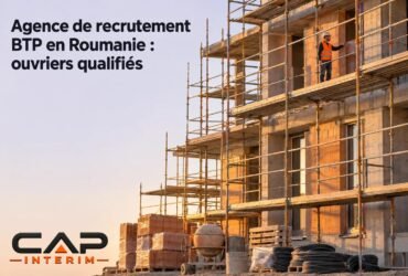 Agence de recrutement BTP en Roumanie : ouvriers qualifiés, silhouette de chantier et échafaudages en façade, ouvriers sur le mur. construction recruitment agency romania.