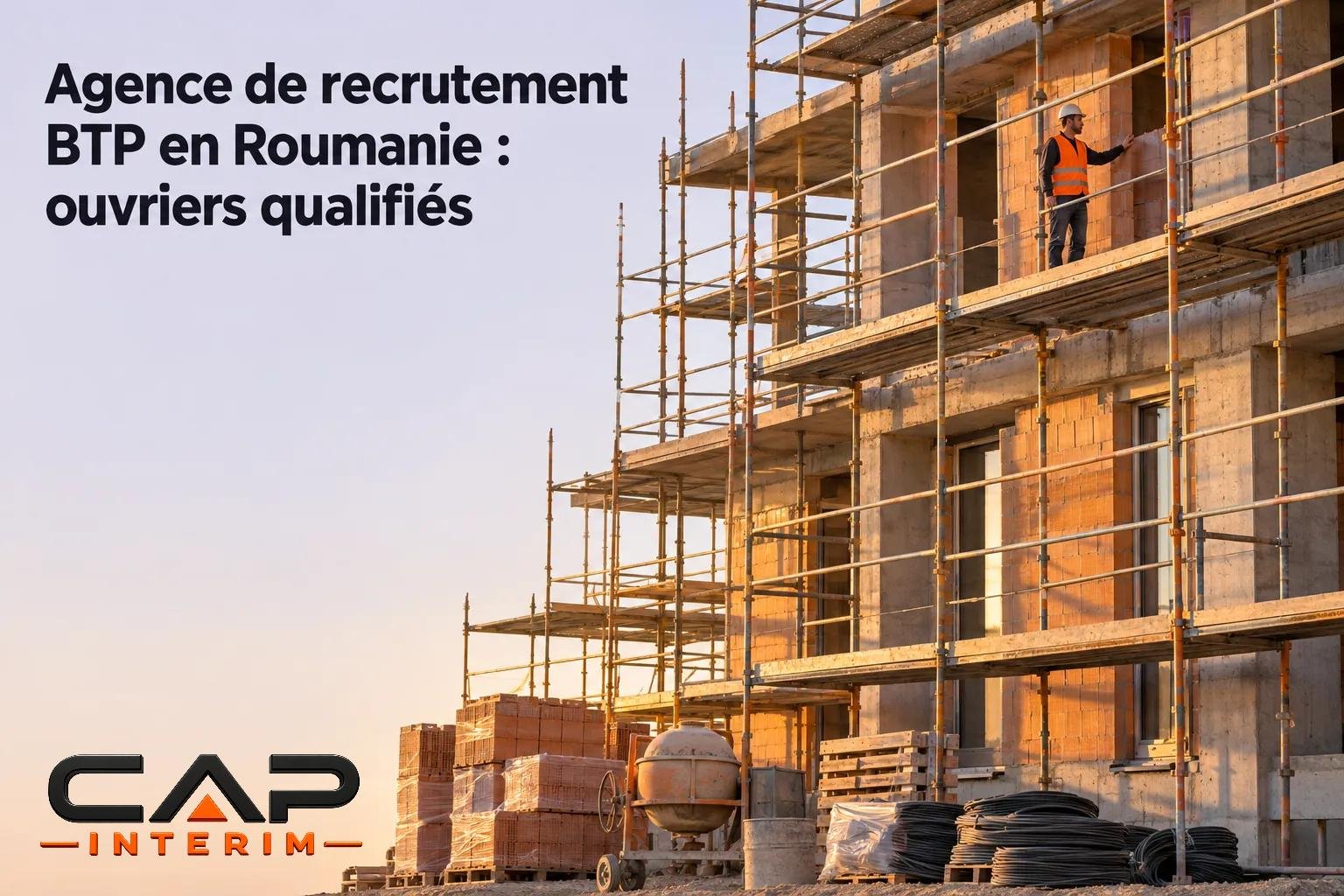 Agence de recrutement BTP en Roumanie : ouvriers qualifiés, silhouette de chantier et échafaudages en façade, ouvriers sur le mur. construction recruitment agency romania.