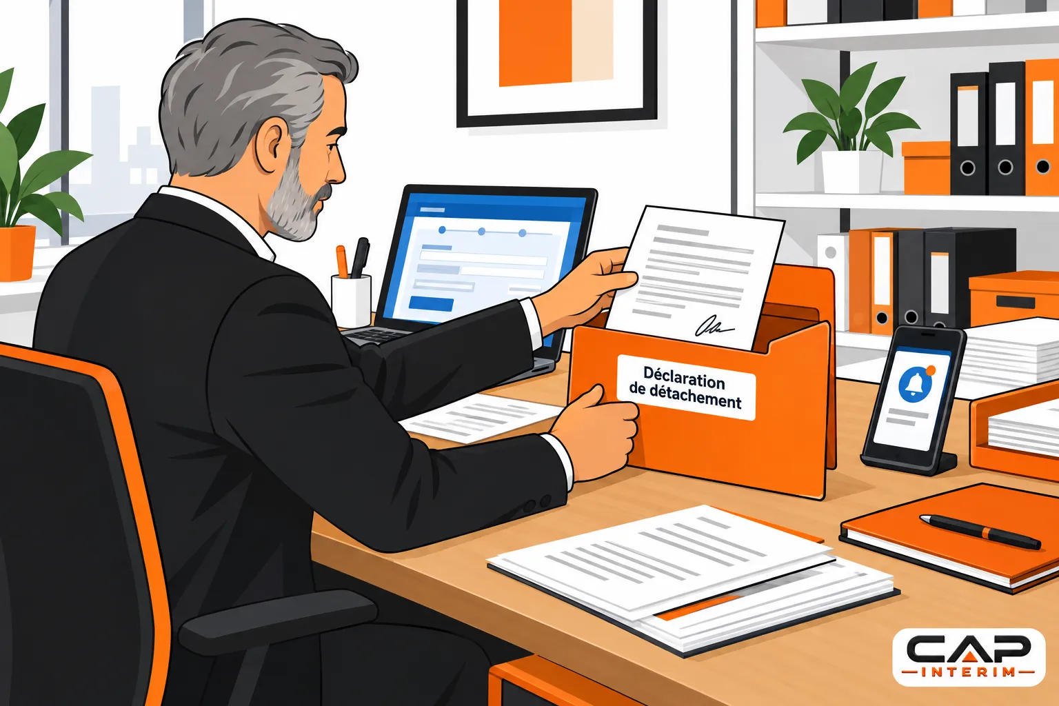 Agent administratif signant une déclaration de détachement sur son bureau, avec des documents et un ordinateur.