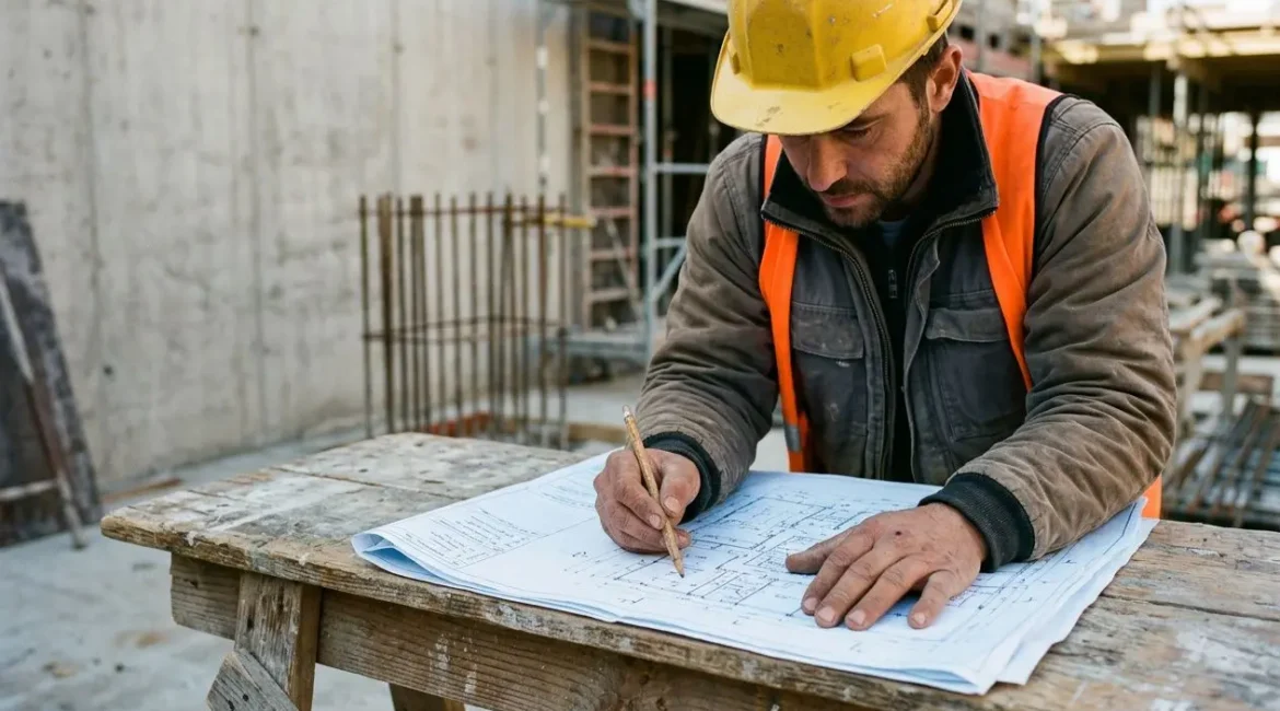 Agent de chantier dessinant des plans sur un plan de travail, casque jaune et gilet orange sur un site BTP.