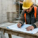 Agent de chantier dessinant des plans sur un plan de travail, casque jaune et gilet orange sur un site BTP.