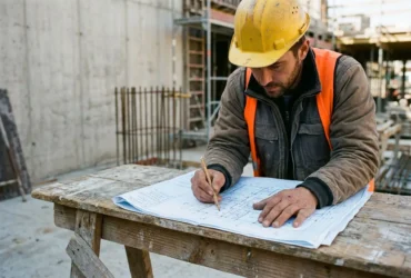 Agent de chantier dessinant des plans sur un plan de travail, casque jaune et gilet orange sur un site BTP.