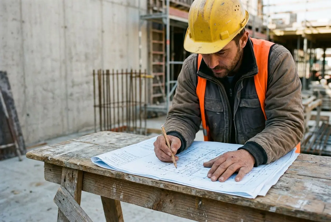 Agent de chantier dessinant des plans sur un plan de travail, casque jaune et gilet orange sur un site BTP.