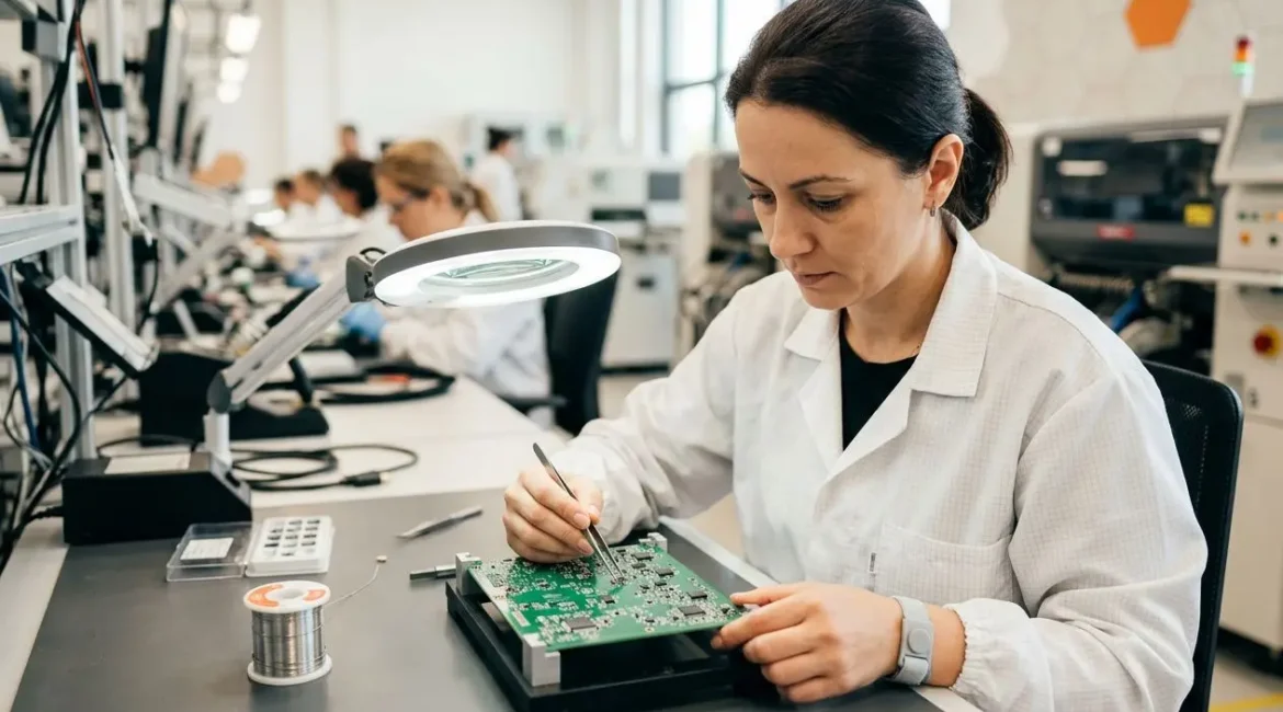 Agent technique en électronique travaillant sur un circuit imprimé sous lampe de précision, dans un atelier de fabrication. Interim electronique roumanie est évoqué.