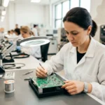 Agent technique en électronique travaillant sur un circuit imprimé sous lampe de précision, dans un atelier de fabrication. Interim electronique roumanie est évoqué.